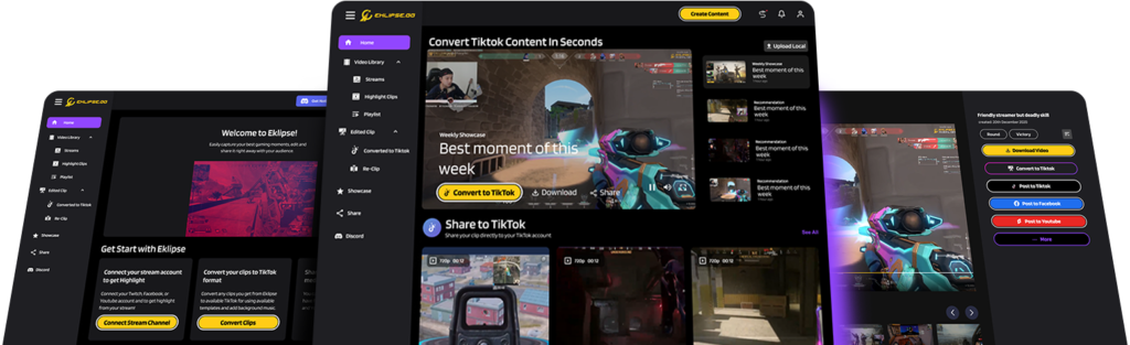 eklipse highlight features: AI highlight for gaming video, twitch and tiktok converter, montage maker, and pro version!